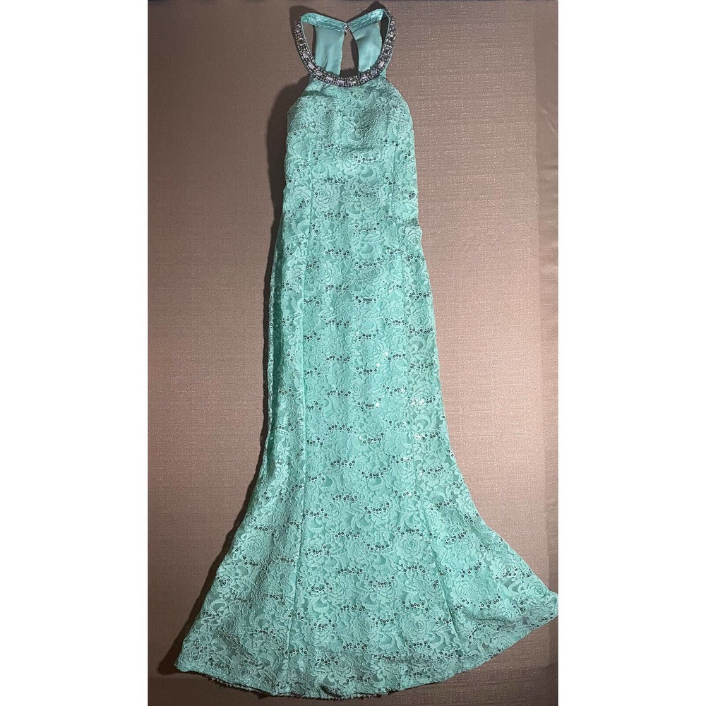 LA SCALA USA Beaded Sequin Prom Dress Gown Size Small Light Blue Long Mermaid